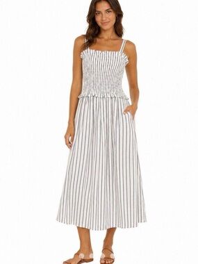 Universal Thread White and Navy Vertical-Stripe Smocked Midi Dress
